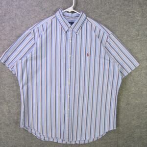 Ralph Lauren Shirt Mens XL Blue Striped Classic Fit Short Sleeve Button Front